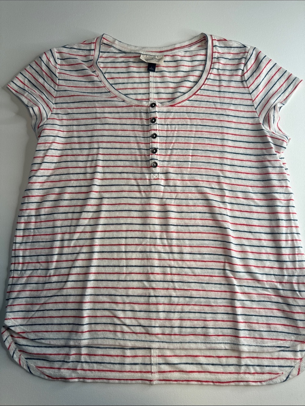 Striped Short-Sleeve Henley Top in White with Red & Navy Stripes